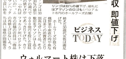 アマゾン生鮮品　初陣　米食品ス―パ－買収　即値下げ　ウォルマート株は下落