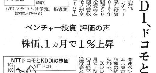 ＫＤＤＩ、ドコモと明暗　ベンチャー投資　評価の声　株価、1ヵ月で１％上昇