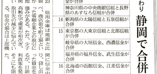 信金も再編の波　収益環境悪化じわり　静岡で合併二組