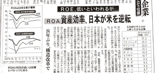 世界企業　日本の立ち位置　ＲＯＥ、低いと言われるが・・・ＲＯＡ資産効率、日本が米を逆転　８年ぶり、構造改革で