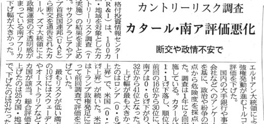 カントリーリスク調査　カタール・南ア　評価悪化　断行や政情不安で